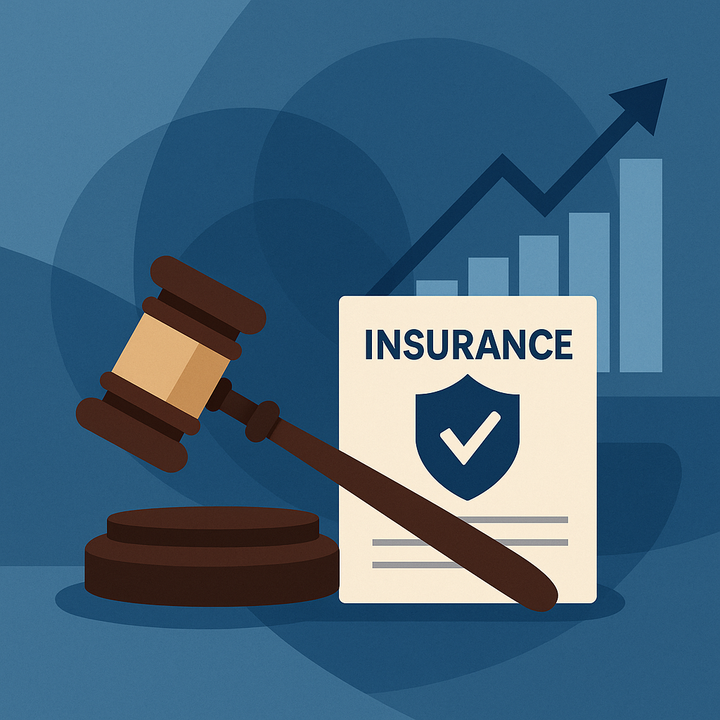 Illustration depicting a gavel, an insurance document with a shield, and a rising bar graph to represent law, insurance, and