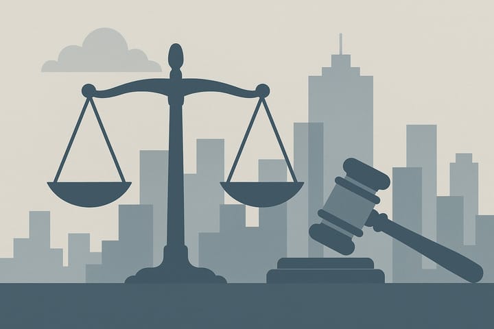 Abstract scales of justice and city skyline