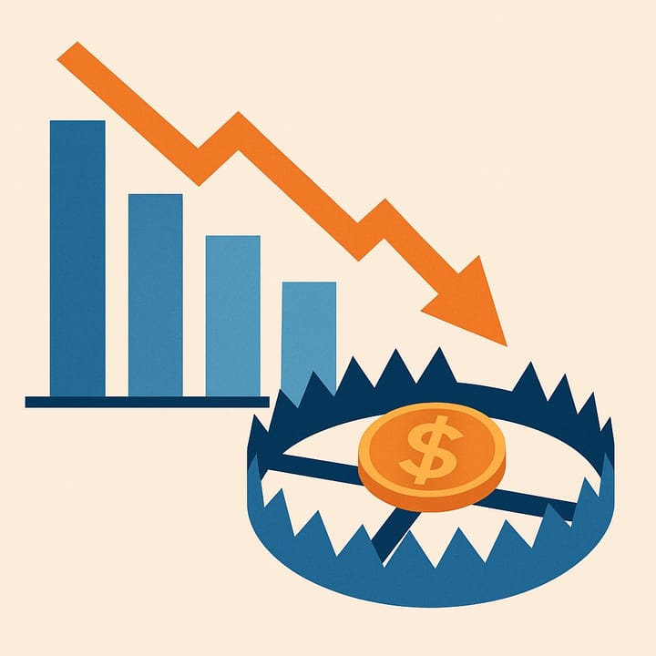 Illustration of declining bar chart with bear trap representing potential tax pitfalls